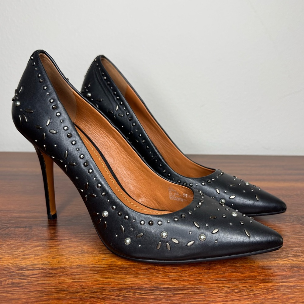Coach Prairie Rivet Waverly Heels Women's 11B Black Leather Pumps Bling Stud